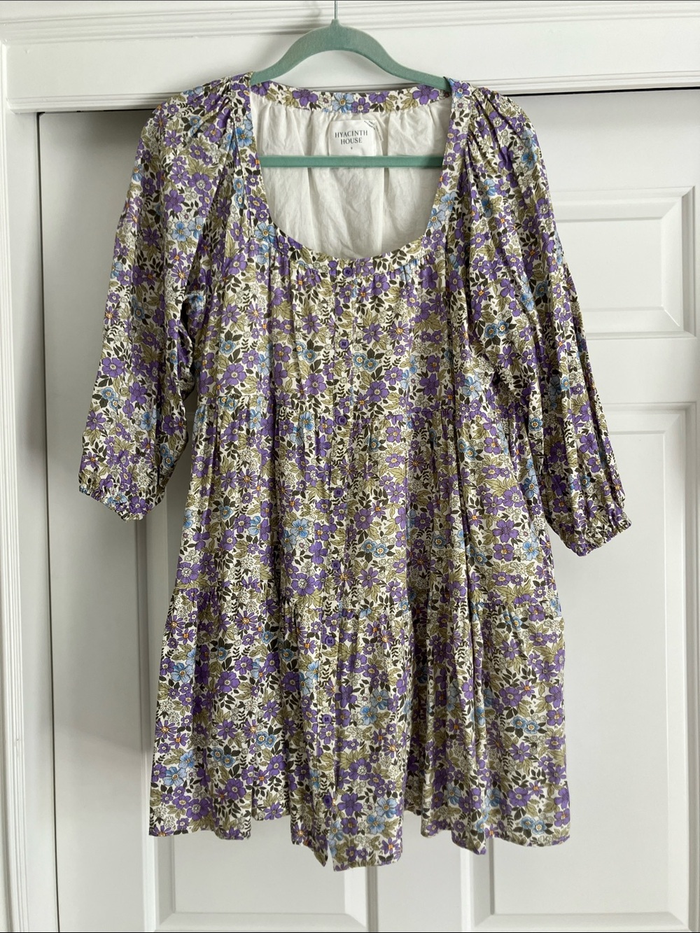 Hyacinth House Square-Neck Tiered Mini Dress with pockets in Purple Floral